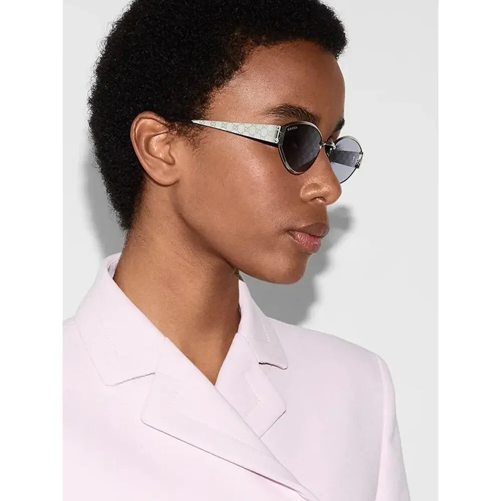 New Gucci GG1853S 002 Silver Cat-Eye Sunglasses with Monogram Temples Authentic
